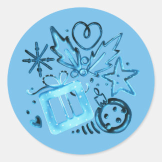 Sticker Rond Cadeau d'hiver bleu & houx, flocons de neige & amb