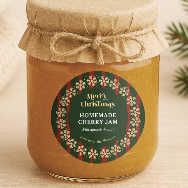 Sticker Rond Cadeau fait maison rayures rouges et vertes Joyeux (Classic red & green stripe round DIY gift label - great to apply to jars,, gift boxes or bottles)