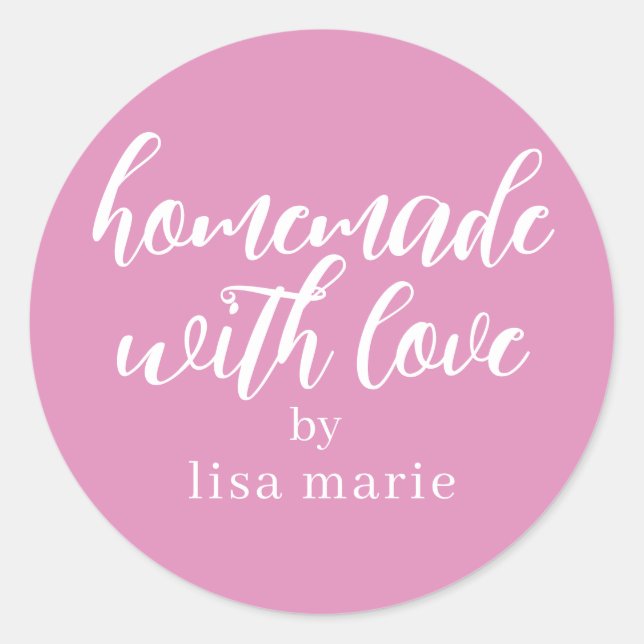 Sticker Rond Cadeau personnalisé rose fuchsia fait avec amour (Devant)