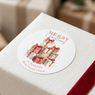Sticker Rond Cadeaux Aquarelle Rouge Classique De Père Noël