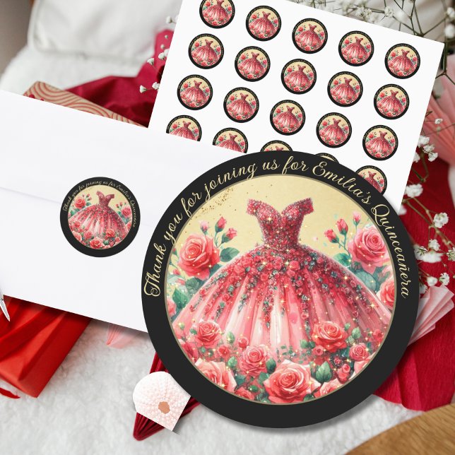 Sticker Rond Cadeaux de Merci Robe Rouge Noir Quinceañera (Créateur téléchargé)