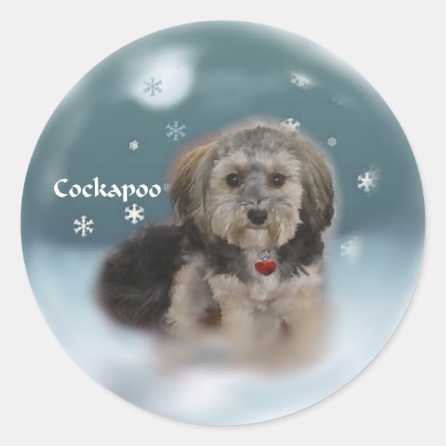 Sticker Rond Cadeaux de Noël Cockapoo (Devant)