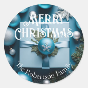 Sticker Rond Cadeaux de Noël de luxe doux bleu clair et argent