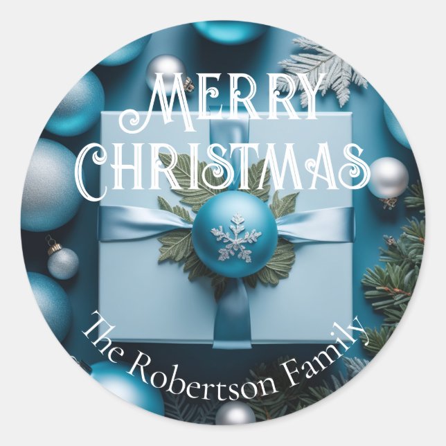 Sticker Rond Cadeaux de Noël de luxe doux bleu clair et argent (Devant)