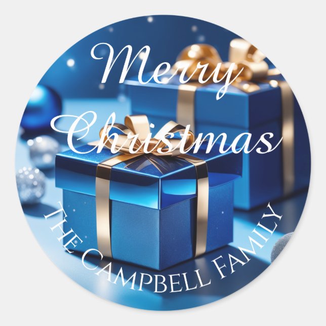 Sticker Rond Cadeaux de Noël enrobés de bleu glacé (Devant)