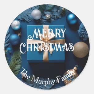 Sticker Rond Cadeaux de Noël enrobés d'or et de bleu glace prof