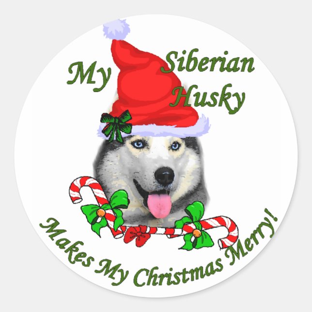 Sticker Rond Cadeaux de Noël Sibériens Husky (Devant)