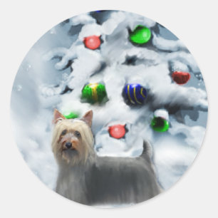 Sticker Rond Cadeaux de Noël Silky Terrier