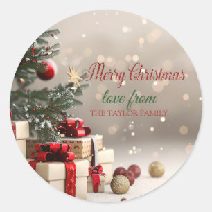 Sticker Rond Cadeaux de sapin de Noël Bokeh Joyeux Noël