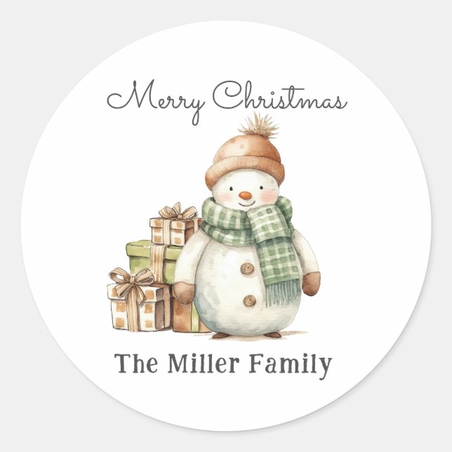 Sticker Rond Cadeaux personnalisés Snowman & Noël (Devant)
