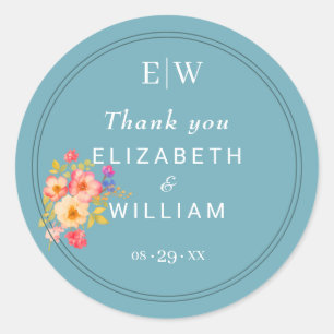 Sticker Rond Cadre avec Rose, style Mariage sur bleu rétro