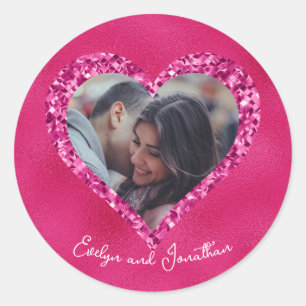 Sticker Rond Cadre cardiaque Photo personnalisée Rose chaud ave