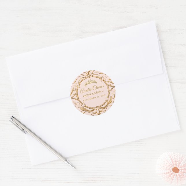 Sticker Rond Cadre classique en or rose pâle Quinceanera (Enveloppe)