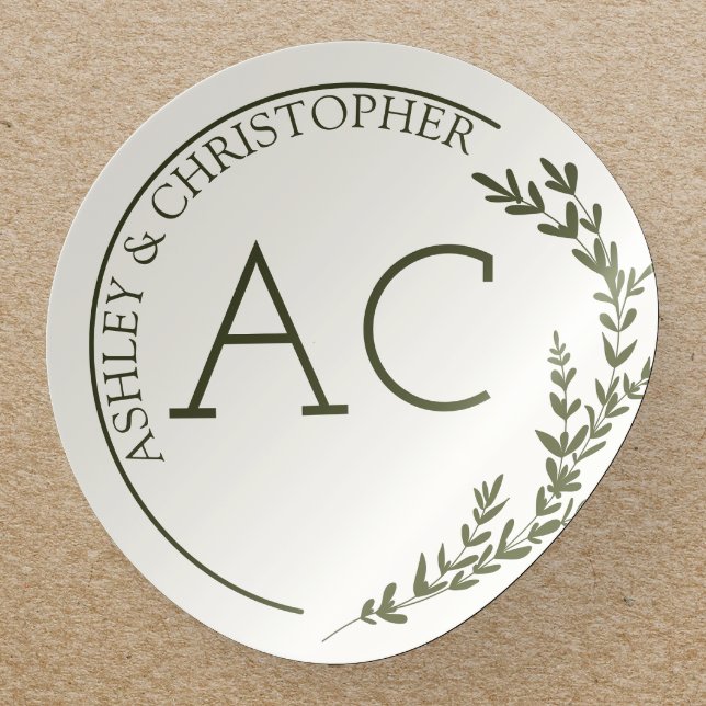 Sticker Rond Cadre de feuillage moderne Mariage vert olive (Créateur téléchargé)