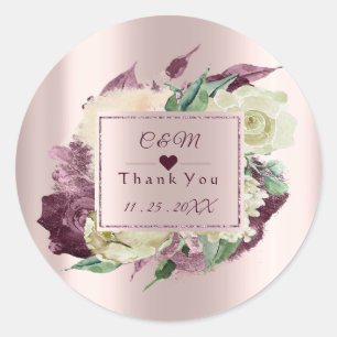 Sticker Rond Cadre de mariage Monogramme Marsala Bourgogne Rose