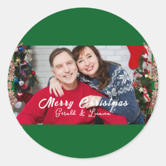 Sticker Rond Cadre de Noël Simple Couple Photo Vert