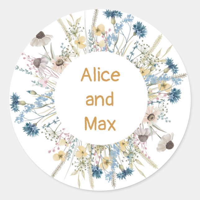 Sticker Rond Cadre de prairie personnaliser des fleurs bleues j (Devant)