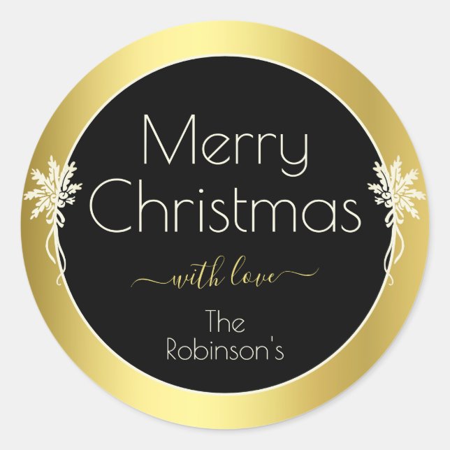 Sticker Rond Cadre doré Joyeux style Noël Noir (Devant)