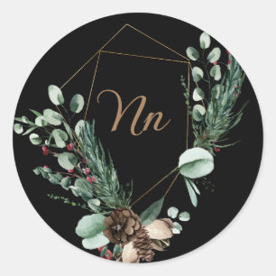 Sticker Rond Cadre doré personnalisable monogramme branche vert