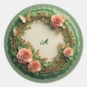 Sticker Rond Cadre floral vert élégant avec roses roses