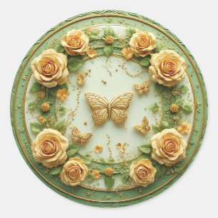 Sticker Rond Cadre floral vert élégant avec roses roses