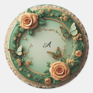 Sticker Rond Cadre floral vert élégant avec roses roses