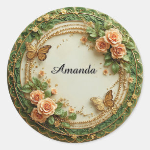 Sticker Rond Cadre floral vert élégant avec roses roses
