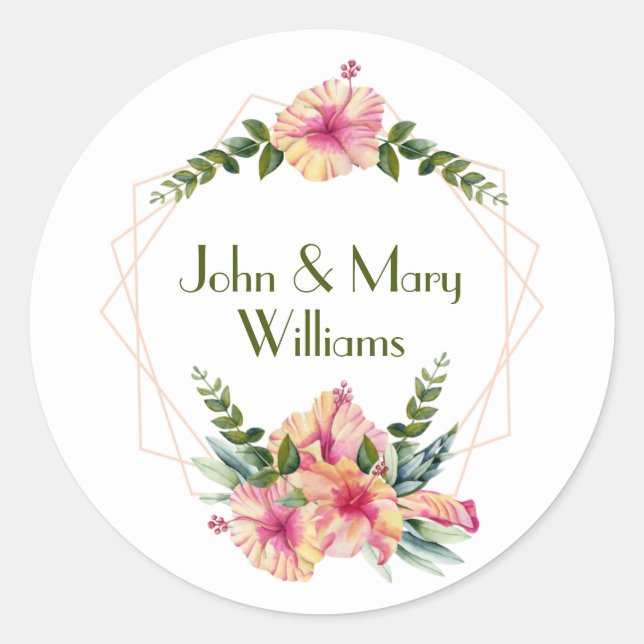 Sticker Rond Cadre Hibiscus mariage En Blanc (Devant)