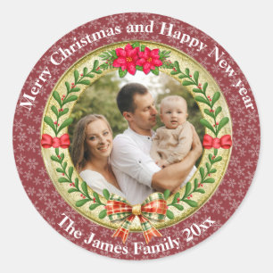 Sticker Rond Cadre photo personnalisé et couronne de Noël