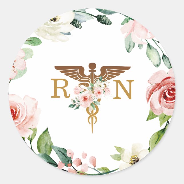 Sticker Rond Caducée Fleur Rose Pêche Or RN Diplômée  (Devant)