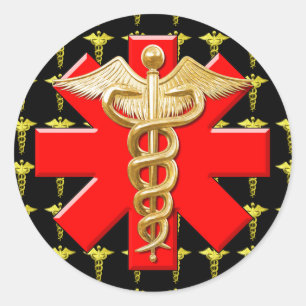 Sticker Rond Caducée Or Et Croix Médicale