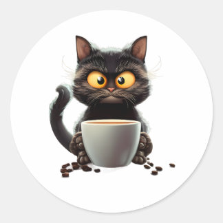 Sticker Rond Café Chat Carton Vintage coloré