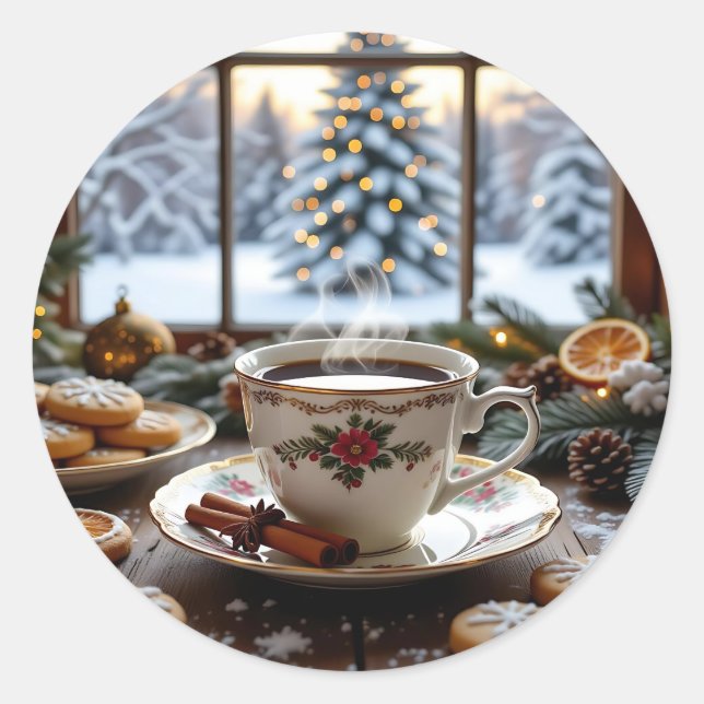 Sticker Rond Café et biscuits de Noël Fenêtre d'hiver Scène (Devant)