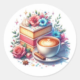 Sticker Rond Café et gâteau d'anniversaire