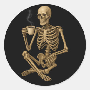 Sticker Rond Café jusqu'à la mort - Skeleton Café Time
