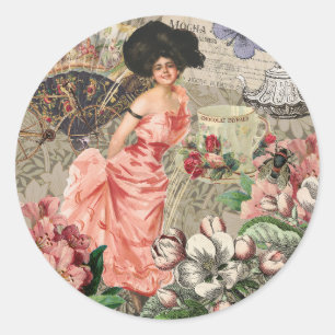 Sticker Rond Café Lady Victorian Femme Rose Classy