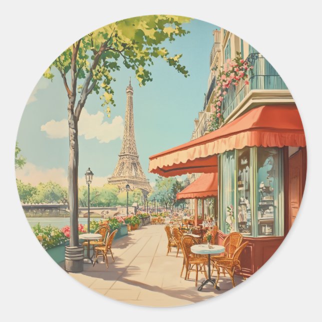 Sticker Rond Café parisien avec vue Eiffel (Devant)