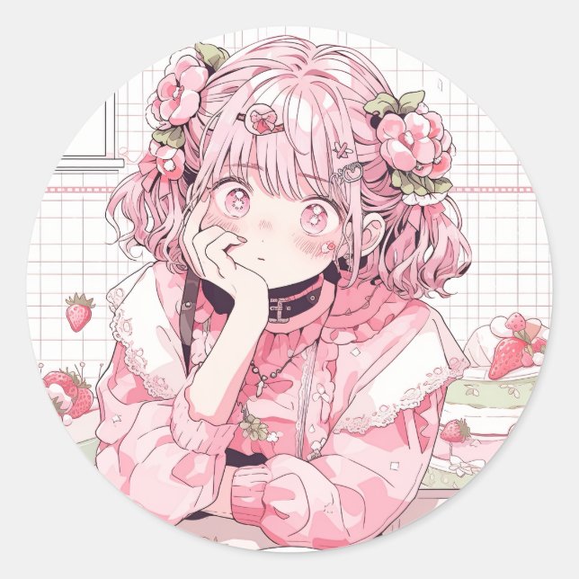 Sticker Rond Café rose Kawaii Anime Girl (Devant)