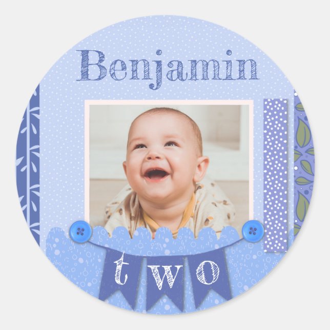 Sticker Rond Cahier de scrapbooking bleu pour le 2e anniversair (Devant)