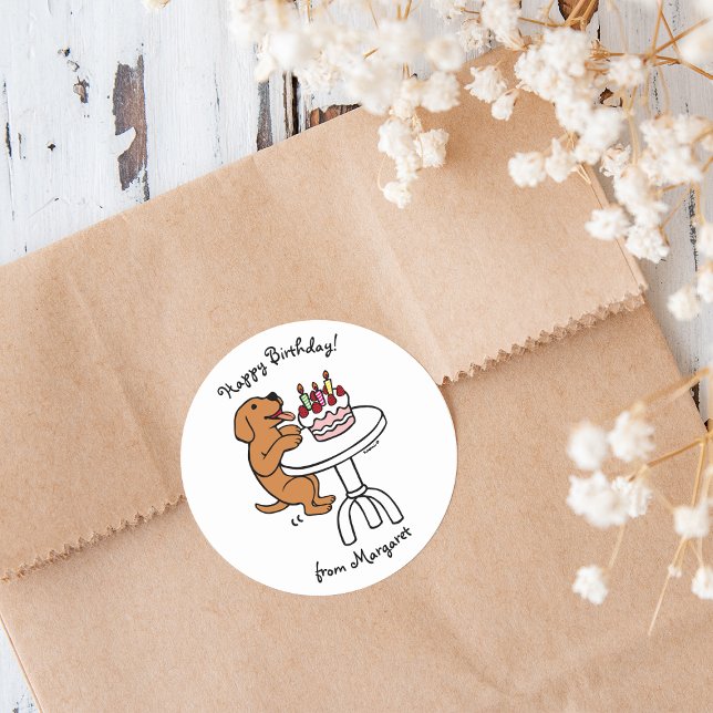 Sticker Rond Cake d'anniversaire Fox Red Labrador Cartoon Plaqu (Birthday Cake Fox Red Labrador Stickers for celebrating Birthday.  Cute Fox Red Lab Cartoon Design.)