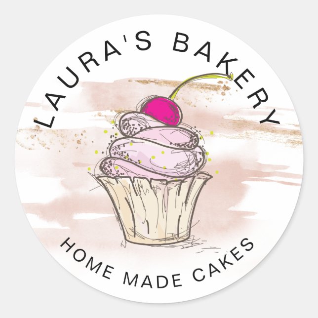 Sticker Rond Cakes & Sweets Cupcake Accueil Boulangerie Rose Go (Devant)