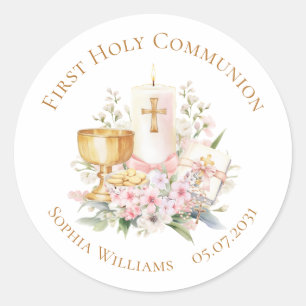 Sticker Rond Calice Floral Rose Première Sainte Communion 