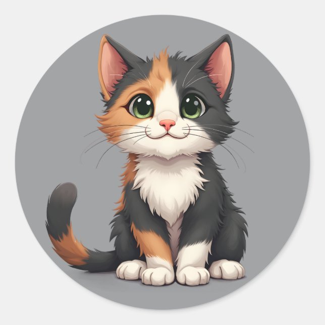 Sticker Rond Calico Kitten Whimsical avec attitude (Devant)
