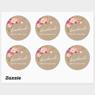 Sticker Rond Calligraphie artisanale Tour rose Floral Kraft