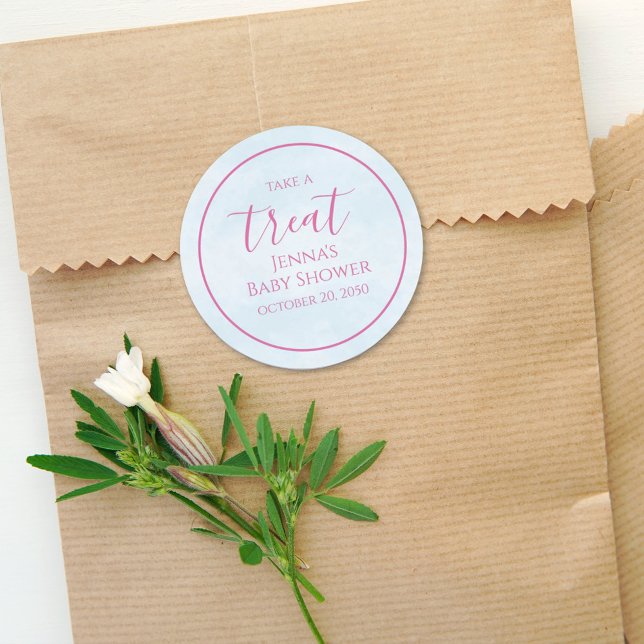 Sticker Rond Calligraphie bleue minimaliste Baby shower rose (Créateur téléchargé)