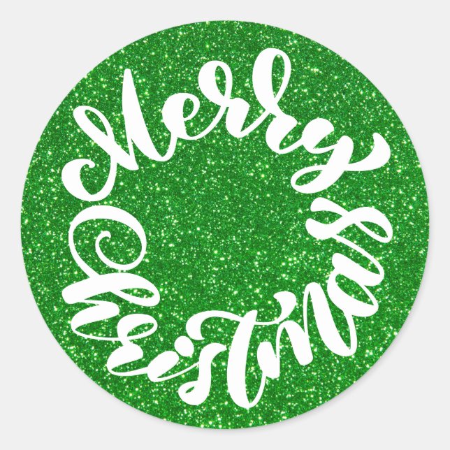 Sticker Rond Calligraphie de Joyeux Noël Vert Pailleté (Devant)