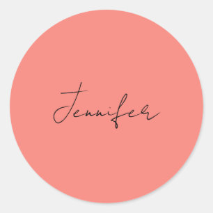 Sticker Rond Calligraphie Elégant Coral rose Plaine Nom simple