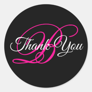 Sticker Rond Calligraphie fantaisie rose chaud Monogramme Merci