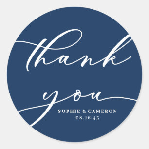 Sticker Rond Calligraphie Marine Mariage bleu Merci