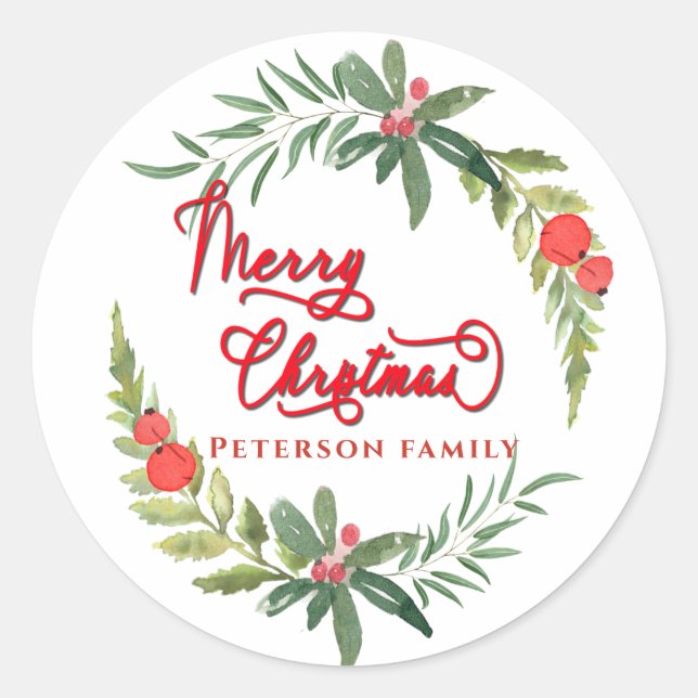 Sticker Rond Calligraphie Merry Christmas botanique couronne (Devant)